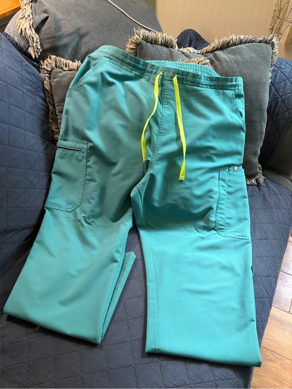 Beautiful OR Green Women's XL scrub top and bottom with two small ink stains